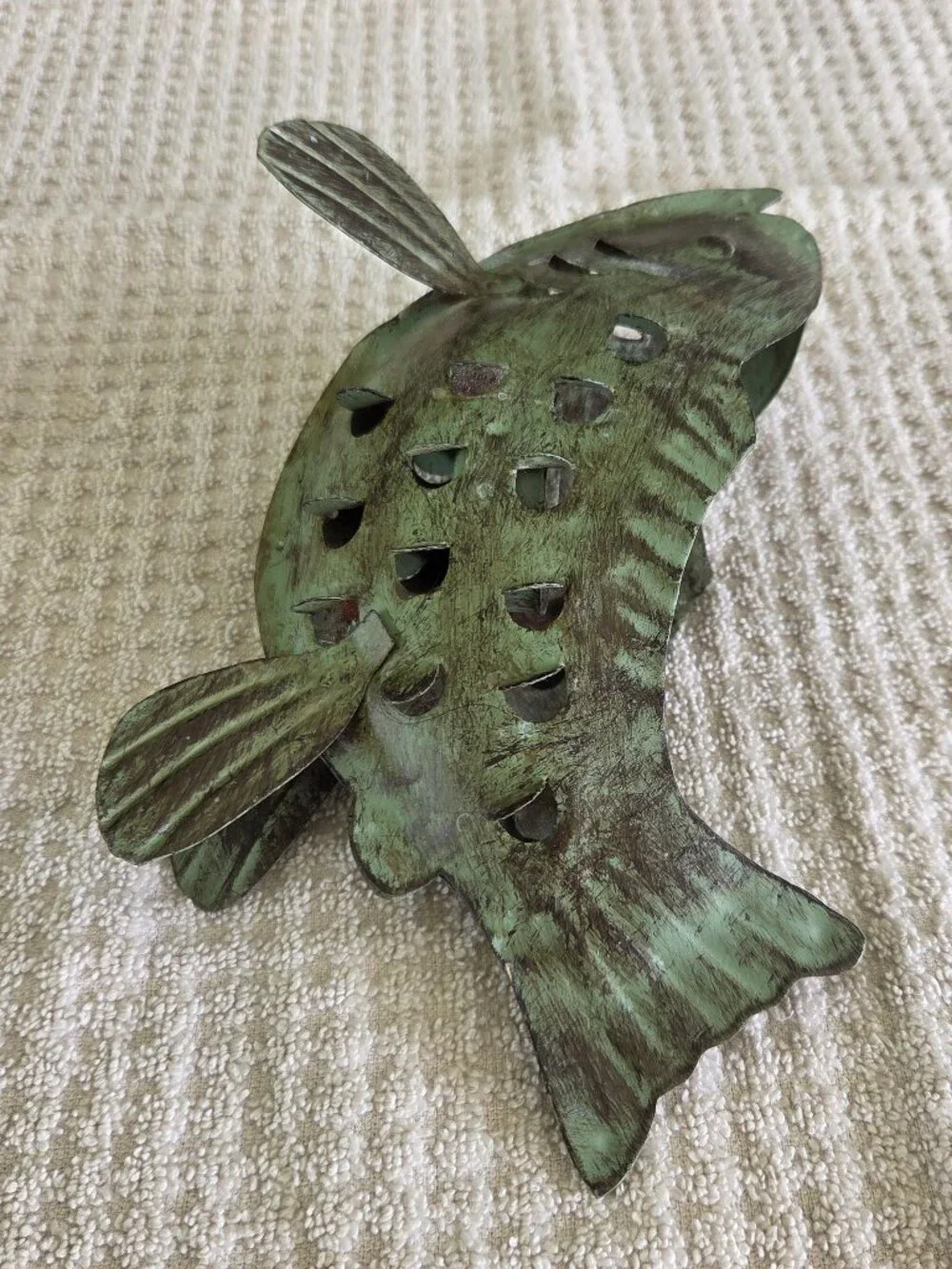 Metal Fish Tea Light Candle Holder Green Rustic Steel Sculpture 9” Cabin